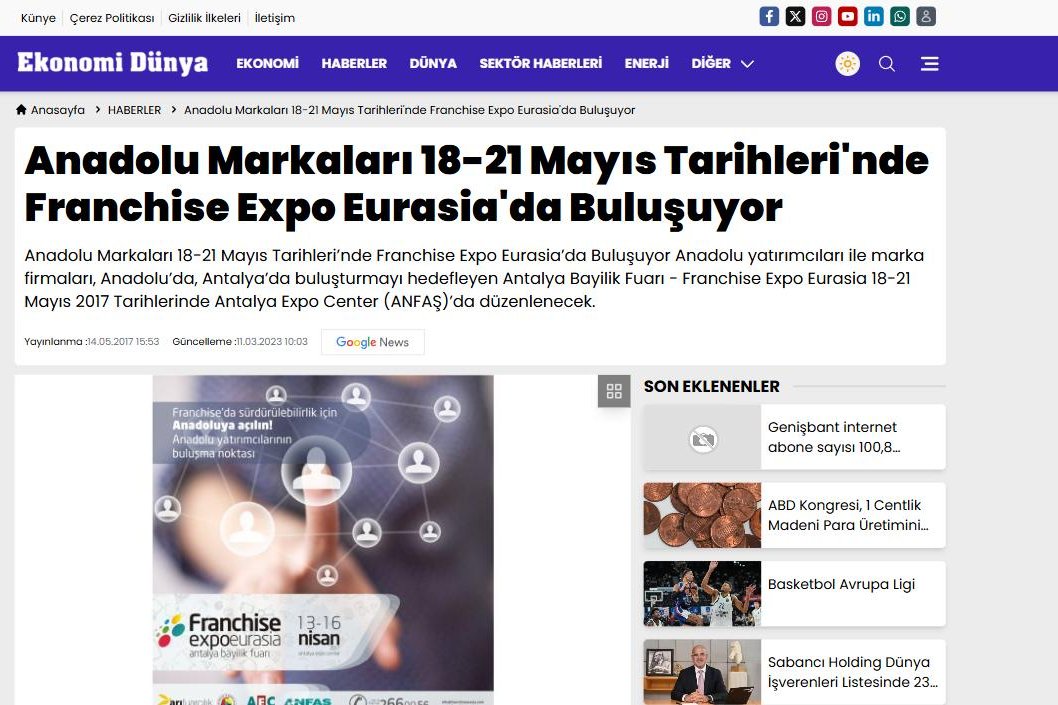 Anadolu Markaları 18-21 Mayıs Tarihleri’nde Franchise Expo Eurasia’da Buluşuyor